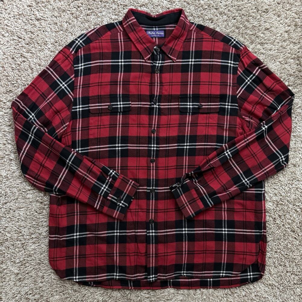 Polo Ralph Lauren Purple Label Brushed Plaid Flannel Shirt Button Up Red XXL